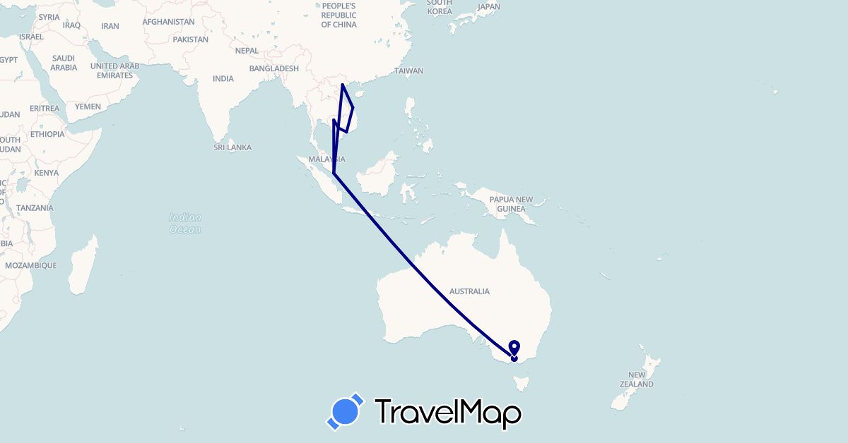 TravelMap itinerary: driving in Australia, Cambodia, Singapore, Vietnam (Asia, Oceania)